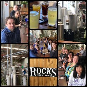 Collage of pictures: the TMIC team at Rocks Brewery for celebration lunch