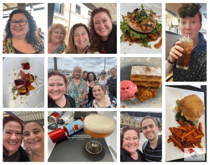 Collage of photos of the TMIC team having lunch together at the Harbourfront restaurant.