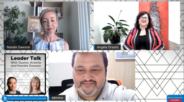 Angela Orsaris in a virtual meeting with Natalie Dawson and Mimmo Lubrano for the Leader Talk podcast