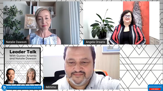 Angela Orsaris in a virtual meeting with Natalie Dawson and Mimmo Lubrano for the Leader Talk podcast