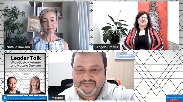 Angela Orsaris in a virtual meeting with Natalie Dawson and Mimmo Lubrano for the Leader Talk podcast