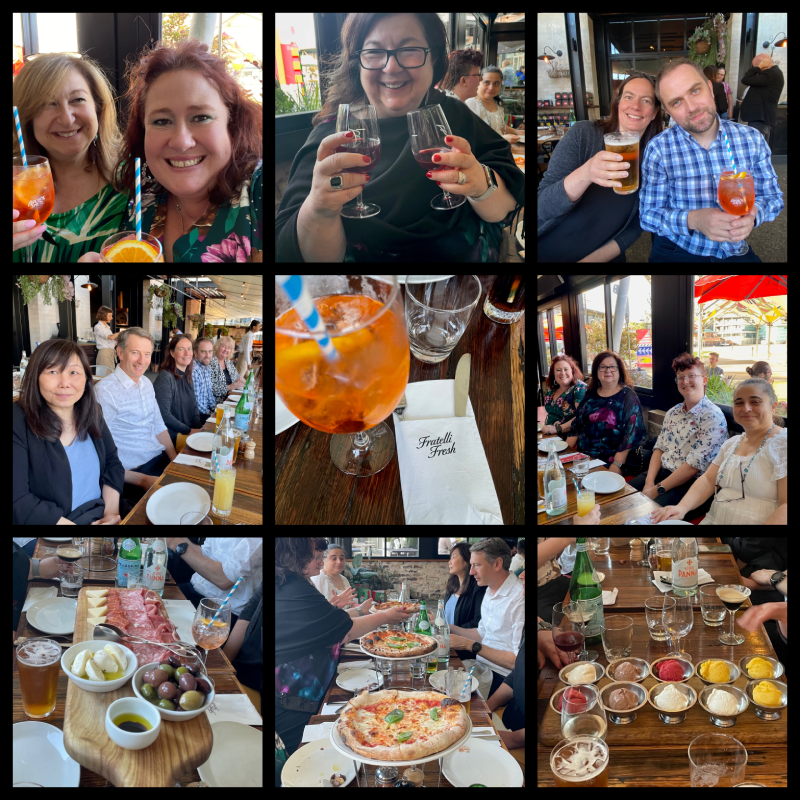 Collage of our dinner at Fratelli Fresh. Images of pizza, antipasti and gelato, and the Team drinking cocktails and smiling.