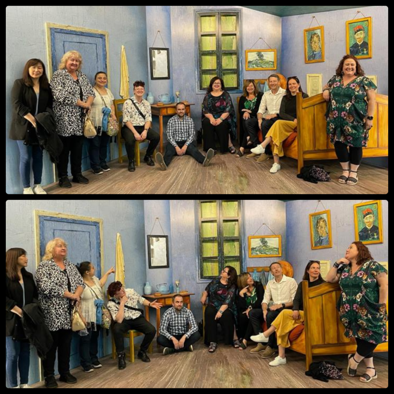 Two group photos of TMIC posing in a recreation of Van Gogh's bedroom.