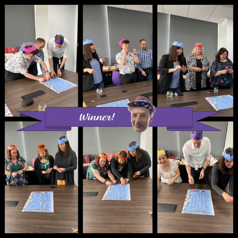 Collage of the team winding up their reindeer racing toys and cheering them on. A banner across the centre of the image says 'Winner' with David Pattinson's face beside.