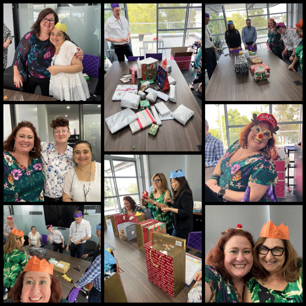 Collage of images of TMIC's lunch and Kris Kingle. Shows the team gathered around a table full of presents.