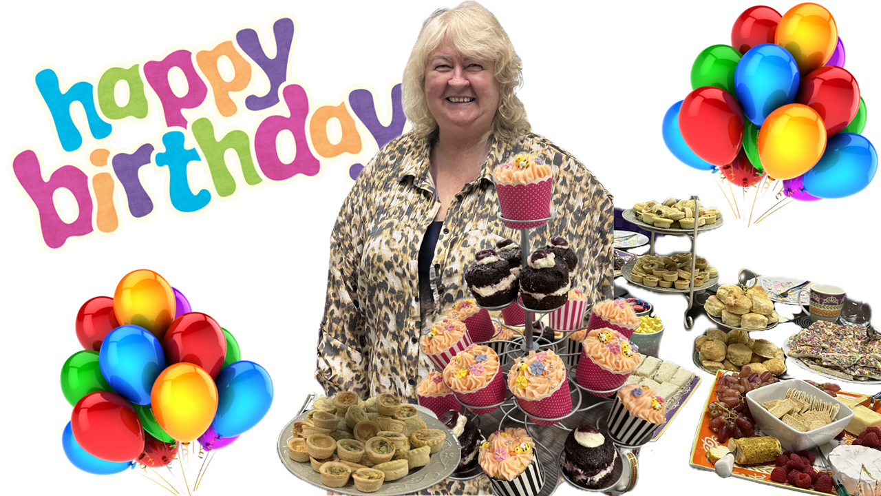 The birthday girl, Robyn, surrounded by high tea treats